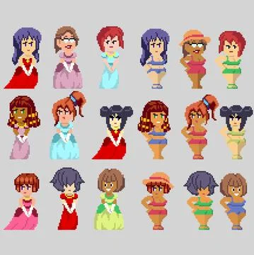 Set of pixel characters in art style Stock Illustration