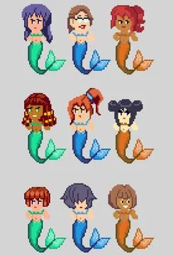 Set of pixel characters in art style Stock Illustration