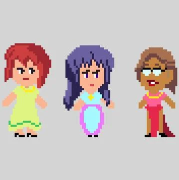 Set of pixel characters in art style Illustrazione stock