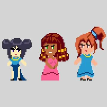 Set of pixel characters in art style Stock Illustration