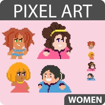Set of pixel characters in art style Stock Illustration