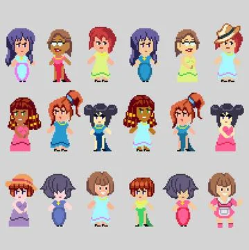 Set of pixel characters in art style Stock Illustration