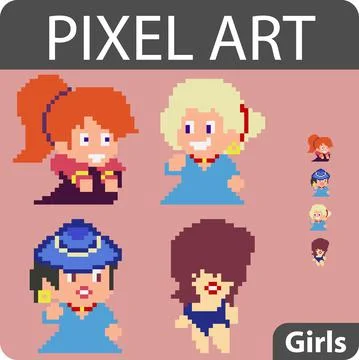 Set of pixel characters in art style Stock Illustration