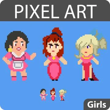 Set of pixel characters in art style Stock Illustration