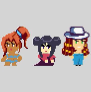 Set of pixel characters in art style Stock Illustration
