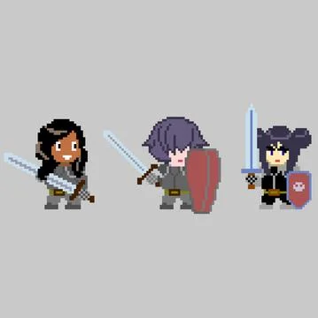 Set of pixel characters in art style Stock Illustration