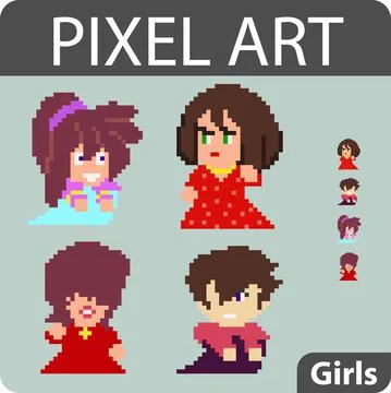 Set of pixel characters in art style Stock Illustration