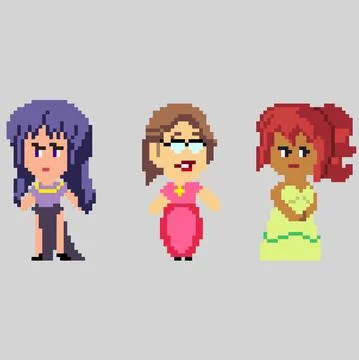 Set of pixel characters in art style Stock Illustration