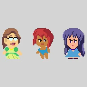 Set of pixel characters in art style Stock Illustration