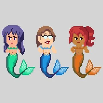 Set of pixel characters in art style Stock Illustration