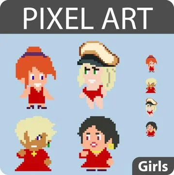 Set of pixel characters in art style Illustrazione stock