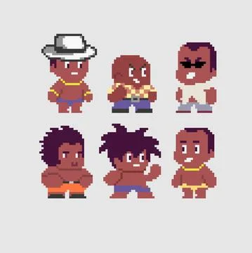 Set of pixel characters in art style Stock Illustration