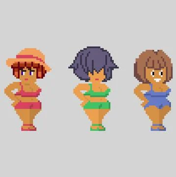 Set of pixel characters in art style Stock Illustration