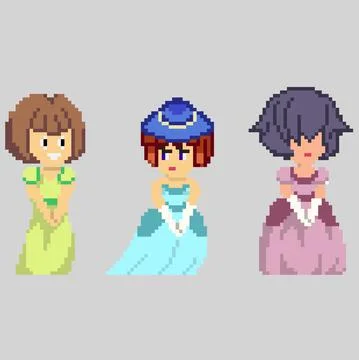 Set of pixel characters in art style Stock Illustration