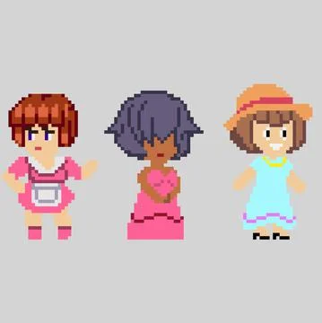 Set of pixel characters in art style Stock Illustration