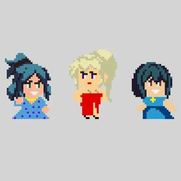 Set of pixel characters in art style Stock Illustration