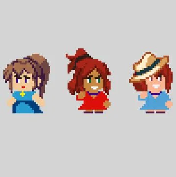 Set of pixel characters in art style Stock Illustration