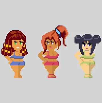 Set of pixel characters in art style Stock Illustration