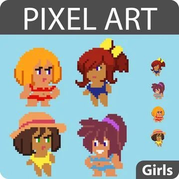 Set of pixel characters in art style Stock Illustration