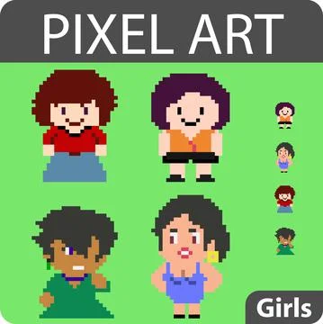 Set of pixel characters in art style Stock Illustration