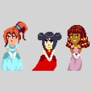 Set of pixel characters in art style Stock Illustration