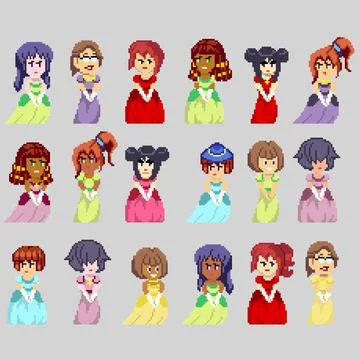 Set of pixel characters in art style Stock Illustration