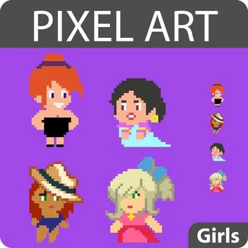 Set of pixel characters in art style Stock Illustration