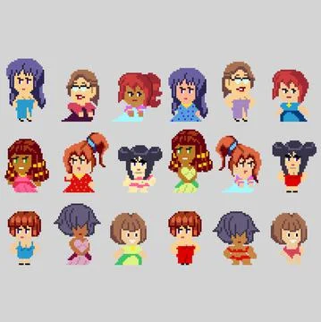 Set of pixel characters in art style Illustrazione stock