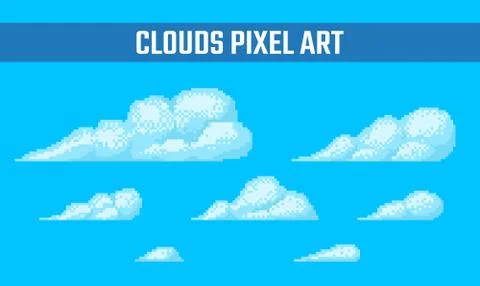 Set of pixel clouds on blue background Stock Illustration