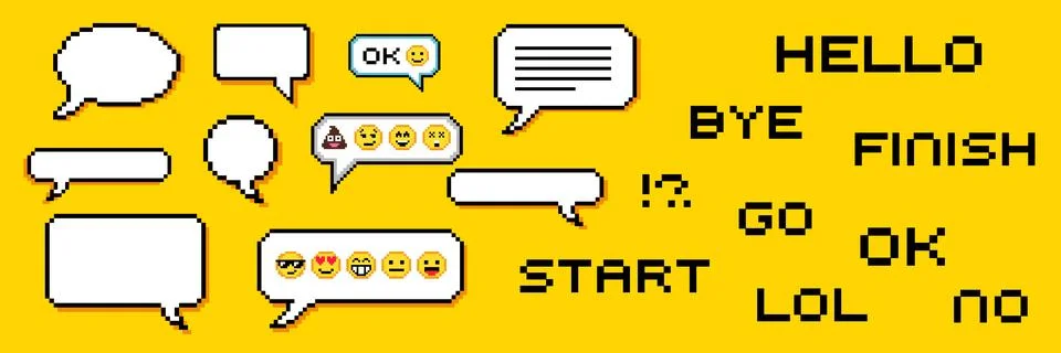 Set of pixel dialogue boxes different shapes. Chat speech bubbles, flash mess Stock Illustration