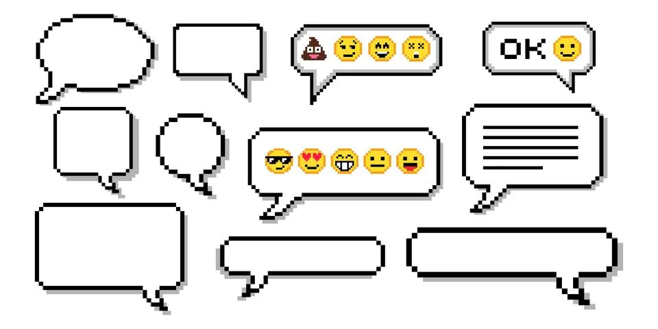 Set of pixel dialogue boxes different shapes. Chat speech bubbles, flash me.. Stock Illustration