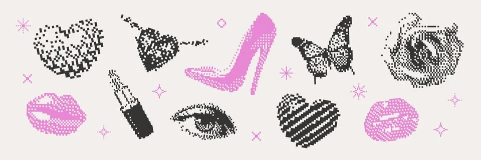 Set of pixel halftone design elements. Collection of trendy Y2K graphic eleme Stock Illustration