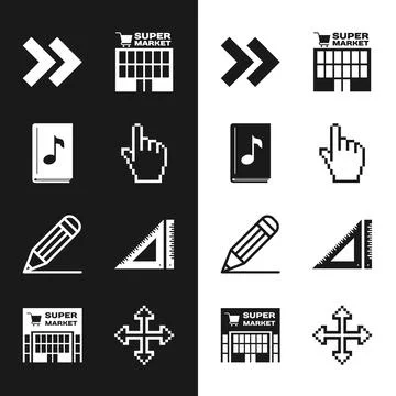 Set Pixel hand cursor, Audio book, Arrow, Supermarket building, Pencil line Ilustración de archivo