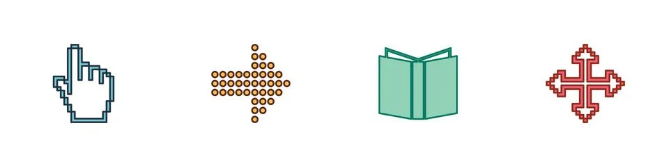 Set Pixel hand cursor, Dots arrow, Open book and arrows in four directions ic Stock Illustration