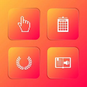 Set Pixel hand cursor, Hotel building, Laurel wreath and Audio book icon. Vector Illustrazione stock