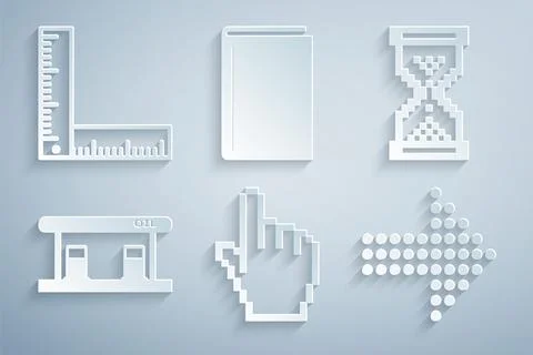 Set Pixel hand cursor, Hourglass pixel, Gas filling station, Dots arrow, Bo.. Stock Illustration