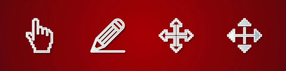 Set Pixel hand cursor, Pencil line, arrows four directions and icon. Vector Stock Illustration