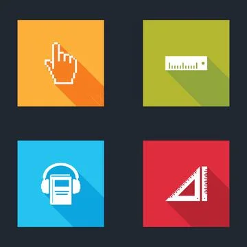 Set Pixel hand cursor, Ruler, Audio book and Triangular ruler icon. Vector Stock Illustration