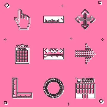 Set Pixel hand cursor, Ruler, arrows in four directions, Hotel building 스톡 일러스트