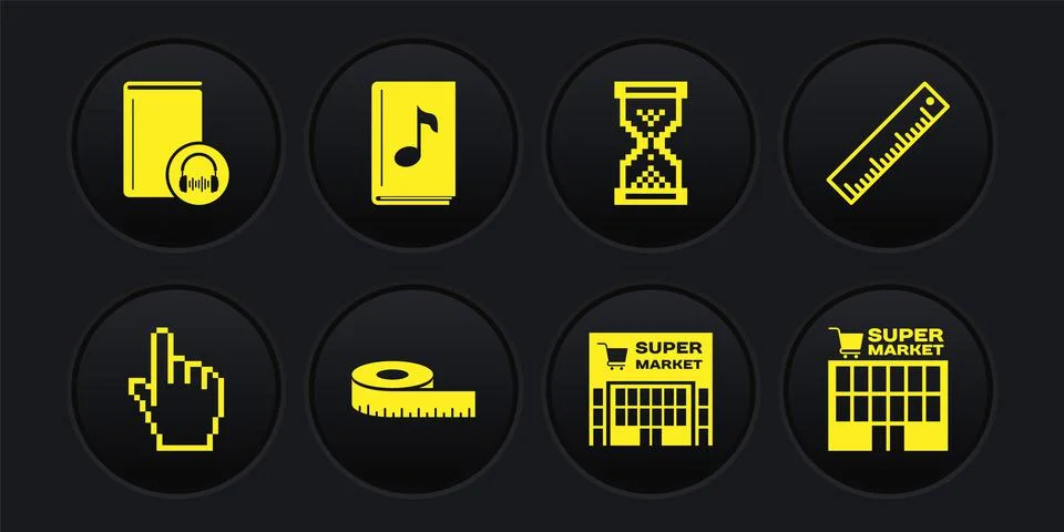 Set Pixel hand cursor, Ruler, Tape measure, Supermarket building, Hourglass Stock Illustration