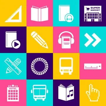 Set Pixel hand cursor, Ruler, Arrow, Audio book, Pencil, Triangular ruler a.. Illustrazione stock