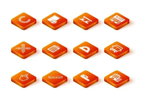 Set Pixel hand cursor, Ruler, Crossed pencil, Hotel building, Tape measure,.. Stock Illustration