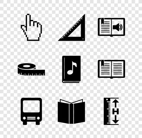 Set Pixel hand cursor, Triangular ruler, Audio book, Bus, Open, Measuring height Illustrazione stock