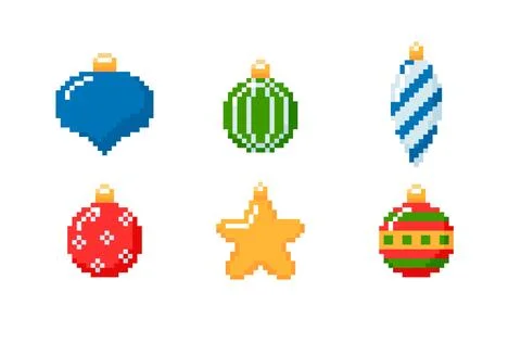 Set of pixel hanging toys, different shapes and colors, 8 bit, ball, star, pine Stock Illustration
