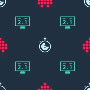 Set Pixel hearts for game, Stopwatch and Sport mechanical scoreboard on seamless Illustrazione stock