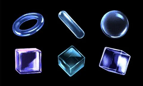 A set of pixel icons featuring three-dimensional geometric shapes: a cube, a Stock Illustration