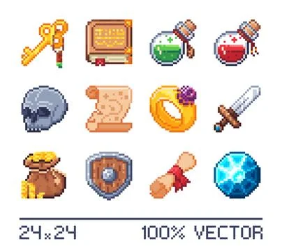 A set of pixel items for RPG, Sandbox, or other games. Illustrazione stock