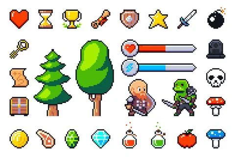 A set of pixel items for RPG, Sandbox, or other 2d video games. Stock Illustration