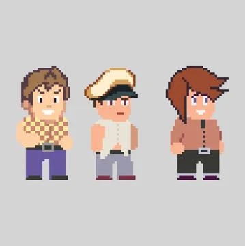 Set of pixel men characters in art style Stock Illustration