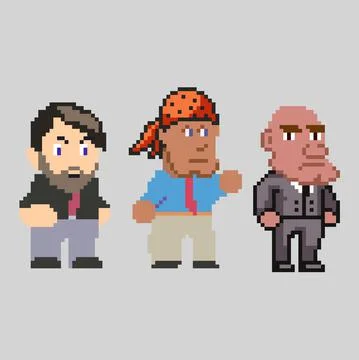Set of pixel men characters in art style Stock Illustration